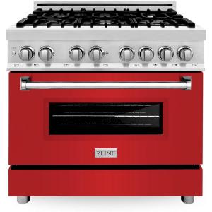 imageZLINE 36 in 46 cu ft Legacy Dual Fuel Range with 6 Burner Gas Cooktop and Electric Convection Oven in Stainless Steel and Red Matte Door RARM36
