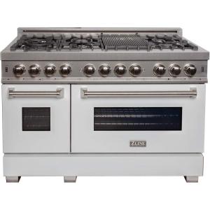 imageZLINE 48 in 60 cu ft Legacy Dual Fuel Range with 7 Burner Gas Cooktop and 2 Electric Ovens in Satin Stainless Steel and White Matte Doors RASWM48