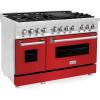 imageZLINE 48 in 60 cu ft Legacy Dual Fuel Range with 7 Burner Gas Cooktop and 2 Electric Ovens in Satin Stainless Steel and Red Matte Doors RASRM48