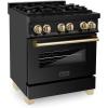 imageZLINE Autograph Edition 30 in 40 cu ft Legacy Dual Fuel Range with 4 Burner Gas Cooktop and Electric Convection Oven in Black Stainless Steel and Polished Gold Accents RABZ30G