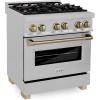 imageZLINE Autograph Edition 30 in 40 cu ft Legacy Dual Fuel Range with 4 Burner Gas Cooktop and Electric Convection Oven in Satin Stainless Steel and Champagne Bronze Accents RASZSN30CB