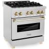 imageZLINE Autograph Edition 30 in 40 cu ft Legacy Dual Fuel Range with 4 Burner Gas Cooktop and Electric Convection Oven in Satin Stainless Steel and Polished Gold Accents RASZSN30G