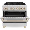 imageZLINE Autograph Edition 36 in 46 cu ft Legacy Dual Fuel Range with 6 Burner Gas Cooktop and Electric Convection Oven in Satin Stainless Steel and Polished Gold Accents RASZSN36G