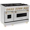 imageZLINE Autograph Edition 48 in 60 cu ft Legacy Dual Fuel Range with 7 Burner Gas Cooktop and 2 Electric Ovens in Stainless Steel and Polished Gold Accents RAZ48G