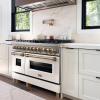 imageZLINE Autograph Edition 48 in 60 cu ft Legacy Dual Fuel Range with 7 Burner Gas Cooktop and 2 Electric Ovens in Stainless Steel with White Matte Doors and Champagne Bronze Accents RAZWM48CB