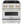 imageZLINE Autograph Edition 30 in 40 cu ft Legacy Dual Fuel Range with 4 Burner Gas Cooktop and Electric Convection Oven in Satin Stainless Steel and Polished Gold Accents RASZSN30G