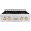 imageZLINE Autograph Edition 30 in Legacy Gas Rangetop with 4 Burners and Porcelain Cooktop in Satin Stainless Steel with Polished Gold Accents RTSZ30G