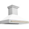 imageZLINE Autograph Edition 48 in Satin Stainless Steel Wall Mount Range Hood with White Matte Shell and Polished Gold Handle 8654SNZWM48G
