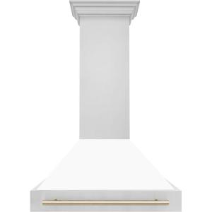 image36quot ZLINE Autograph Edition Stainless Steel Range Hood with White Matte Shell and Polished Gold Handle
