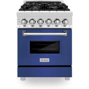 imageZLINE 24 in 28 cu ft Legacy Dual Fuel Range with 4 Burner Gas Cooktop and Electric Convection Oven in Stainless Steel and Blue Matte Door RABM24