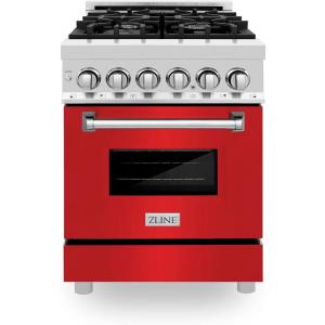 imageZLINE 24 in 28 cu ft Legacy Dual Fuel Range with 4 Burner Gas Cooktop and Electric Convection Oven in Stainless Steel and Red Matte Door RARM24