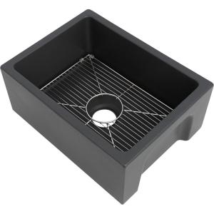 imageZLINE 24quot Venice Farmhouse Apron Front Reversible Single Bowl Fireclay Kitchen Sink with Bottom Grid in Charcoal FRC5120CL24