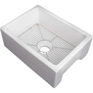imageZLINE 24quot Venice Farmhouse Apron Front Reversible Single Bowl Fireclay Kitchen Sink with Bottom Grid in White Matte FRC5120WM24