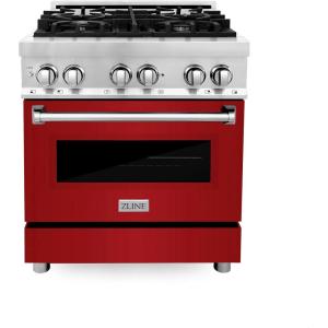 imageZLINE 30 in 40 cu ft Legacy Dual Fuel Range with 4 Burner Gas Cooktop and Electric Convection Oven in Stainless Steel and Red Gloss Door RARG30