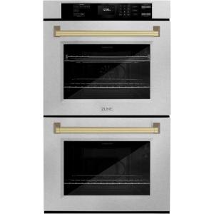 imageZLINE 30 in Autograph Edition Professional True Convection Double Wall Oven with Air Fry and Self Clean in Satin Stainless Steel with Champagne Bronze Handles WADSZ30CB