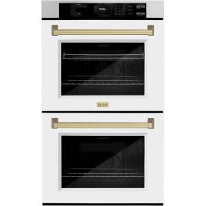 imageZLINE 30 in Autograph Edition Professional True Convection Double Wall Oven with Air Fry and Self Clean in Satin Stainless Steel with White Matte Doors and Champagne Bronze Handles WADSZWM30CB