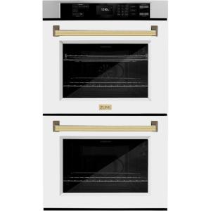 imageZLINE 30 in Autograph Edition Professional True Convection Double Wall Oven with Air Fry and Self Clean in Stainless Steel with White Matte Doors and Polished Gold Handles WADZWM30G