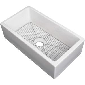 imageZLINE 30quot Turin Farmhouse Apron Front Reversible Single Bowl Fireclay Kitchen Sink with Bottom Grid in White Gloss FRC5117WH30