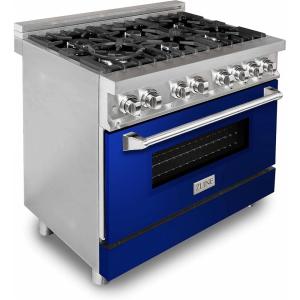 imageZLINE 36quot 46 cu ft Dual Fuel Range with Gas Stove and Electric Oven with Color Door Options RA36 Blue Gloss
