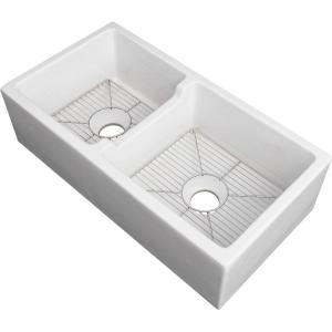 imageZLINE 36quot Palermo Farmhouse Apron Front Double Bowl Reversible Fireclay Kitchen Sink with Bottom Grid in White Gloss FRC5121WH36