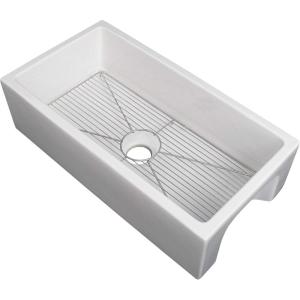 imageZLINE 36quot Venice Farmhouse Apron Front Reversible Single Bowl Fireclay Kitchen Sink with Bottom Grid in White Gloss FRC5122WH36