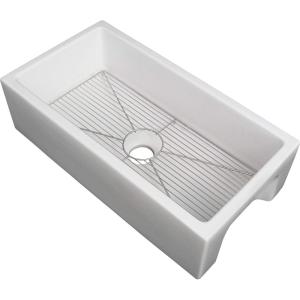 imageZLINE 36quot Venice Farmhouse Apron Front Reversible Single Bowl Fireclay Kitchen Sink with Bottom Grid in White Matte FRC5122WM36