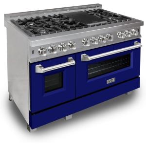imageZLINE 48 in 60 cu ft Legacy Dual Fuel Range with 7 Burner Gas Cooktop and 2 Electric Ovens in Satin Stainless Steel and Blue Matte Doors RASBM48