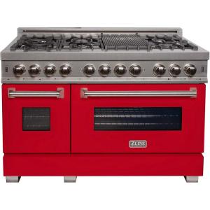 imageZLINE 48 in 60 cu ft Legacy Dual Fuel Range with 7 Burner Gas Cooktop and 2 Electric Ovens in Satin Stainless Steel and Red Matte Doors RASRM48
