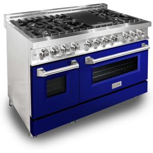 imageZLINE 48 in 60 cu ft Legacy Dual Fuel Range with 7 Burner Gas Cooktop and 2 Electric Ovens in Stainless Steel and Blue Gloss Doors RABG48