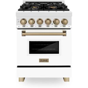 imageZLINE Autograph 24quot Legacy Dual Fuel Range w 4 Burners ampamp White ampamp Bronze Accents RAZWM24CB