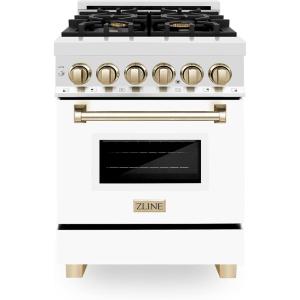 imageZLINE Autograph 24quot Legacy Dual Fuel Range w 4 Burners ampamp White ampamp Gold Accents RAZWM24G