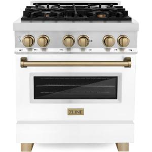 imageZLINE Autograph 30quot Legacy Dual Fuel Range w 4 Burners ampamp White ampamp Bronze Accents RAZWM30CB