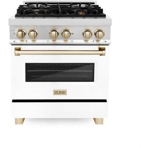 imageZLINE Autograph 30quot Legacy Dual Fuel Range w 4 Burners ampamp White ampamp Gold Accents RAZWM30G