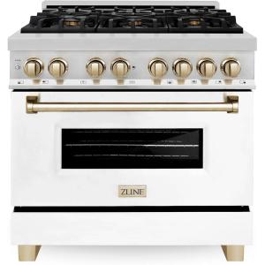 imageZLINE Autograph 36quot Legacy Dual Fuel Range w 6 Burners ampamp White ampamp Gold Accents RAZWM36G