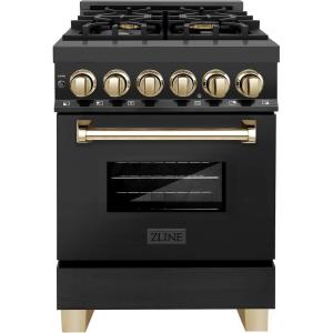 imageZLINE Autograph Edition 24 in 28 cu ft Legacy Dual Fuel Range with 4 Burner Gas Cooktop and Electric Convection Oven in Black Stainless Steel and Polished Gold Accents RABZ24G