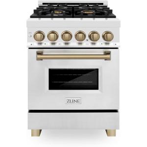 imageZLINE Autograph Edition 24 in 28 cu ft Legacy Dual Fuel Range with 4 Burner Gas Cooktop and Electric Convection Oven in Stainless Steel and Champagne Bronze Accents RAZ24CB