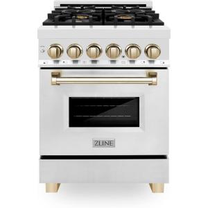 imageZLINE Autograph Edition 24 in 28 cu ft Legacy Dual Fuel Range with 4 Burner Gas Cooktop and Electric Convection Oven in Stainless Steel and Polished Gold Accents RAZ24G