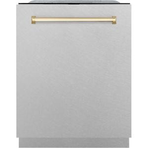 imageZLINE Autograph Edition 24 in Monument Series 3rd Rack Top Touch Control Tall Tub Dishwasher with Satin Stainless Steel Panel and Polished Gold Handle 45dBa DWMTZSN24G