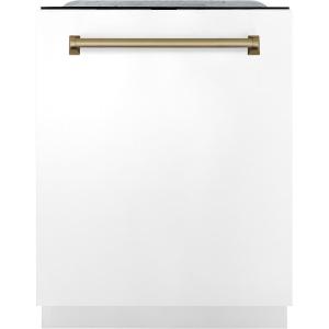 imageZLINE Autograph Edition 24quot 3rd Rack Top Touch Control Tall Tub Dishwasher in White Matte with Champagne Bronze Handle 51dBa DWMTZWM24CB