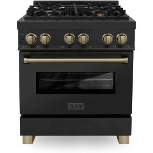 imageZLINE Autograph Edition 30 in 40 cu ft Legacy Dual Fuel Range with 4 Burner Gas Cooktop and Electric Convection Oven in Black Stainless Steel and Champagne Bronze Accents RABZ30CB