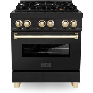 imageZLINE Autograph Edition 30 in 40 cu ft Legacy Dual Fuel Range with 4 Burner Gas Cooktop and Electric Convection Oven in Black Stainless Steel and Polished Gold Accents RABZ30G