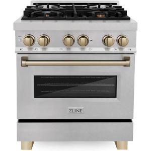 imageZLINE Autograph Edition 30 in 40 cu ft Legacy Dual Fuel Range with 4 Burner Gas Cooktop and Electric Convection Oven in Satin Stainless Steel and Champagne Bronze Accents RASZSN30CB