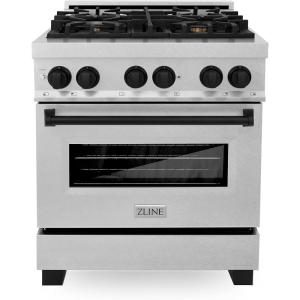 imageZLINE Autograph Edition 30 in 40 cu ft Legacy Dual Fuel Range with 4 Burner Gas Cooktop and Electric Convection Oven in Satin Stainless Steel and Matte Black Accents RASZSN30MB