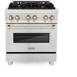 imageZLINE Autograph Edition 30 in 40 cu ft Legacy Dual Fuel Range with 4 Burner Gas Cooktop and Electric Convection Oven in Satin Stainless Steel and Polished Gold Accents RASZSN30G