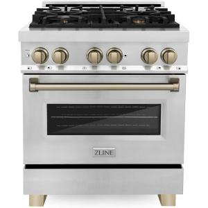imageZLINE Autograph Edition 30 in 40 cu ft Legacy Dual Fuel Range with 4 Burner Gas Cooktop and Electric Convection Oven in Stainless Steel and Champagne Bronze Accents RAZ30CB