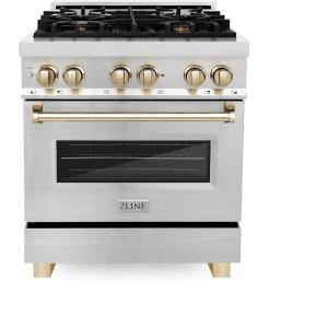imageZLINE Autograph Edition 30 in 40 cu ft Legacy Dual Fuel Range with 4 Burner Gas Cooktop and Electric Convection Oven in Stainless Steel and Polished Gold Accents RAZ30G