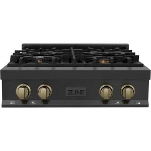 imageZLINE Autograph Edition 30 in Legacy Gas Rangetop with 4 Burners and Porcelain Cooktop in Black Stainless Steel with Champagne Bronze Accents RTBZ30CB