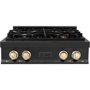 imageZLINE Autograph Edition 30 in Legacy Gas Rangetop with 4 Burners and Porcelain Cooktop in Black Stainless Steel with Polished Gold Accents RTBZ30G