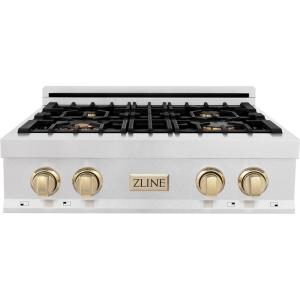 imageZLINE Autograph Edition 30 in Legacy Gas Rangetop with 4 Burners and Porcelain Cooktop in Satin Stainless Steel with Polished Gold Accents RTSZ30G