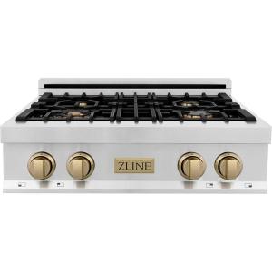 imageZLINE Autograph Edition 30 in Legacy Gas Rangetop with 4 Burners and Porcelain Cooktop in Stainless Steel with Champagne Bronze Accents RTZ30CB